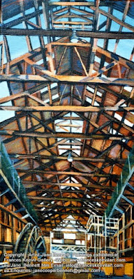 Plein air oil painting of interior of Woolloomooloo Fingerwharf during redevelopment by artist Jane Bennett